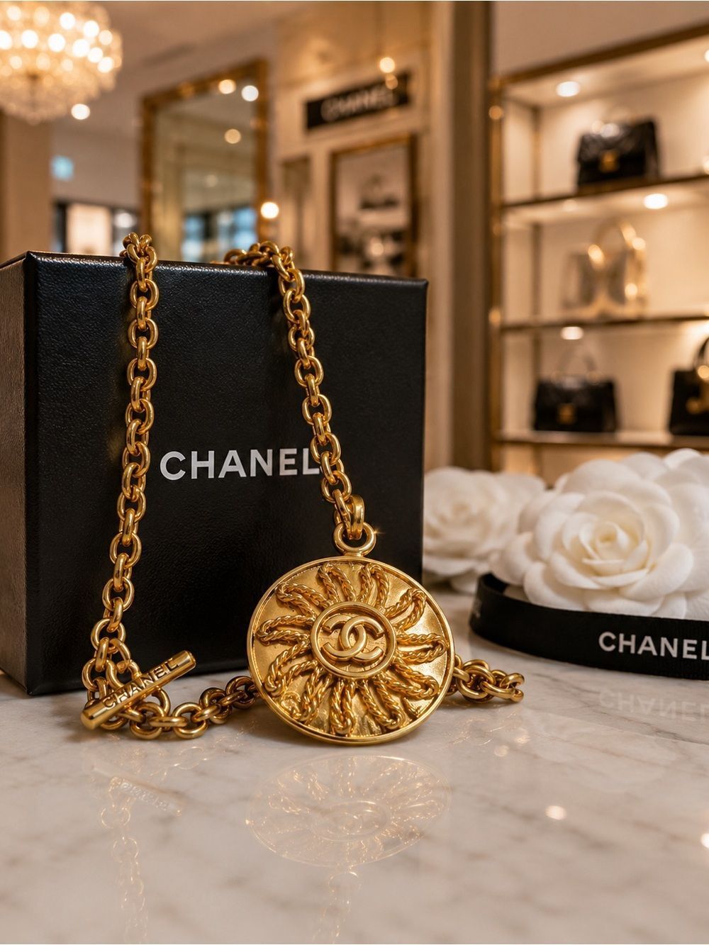 Vintage Chanel 1994 Gold Tone CC Sun Medallion Necklace Made in France